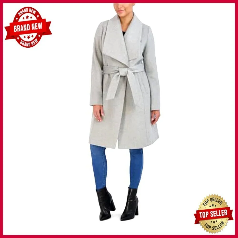 Long Wool Coat with Belt Shawl Collar Snap Button Closure Pockets